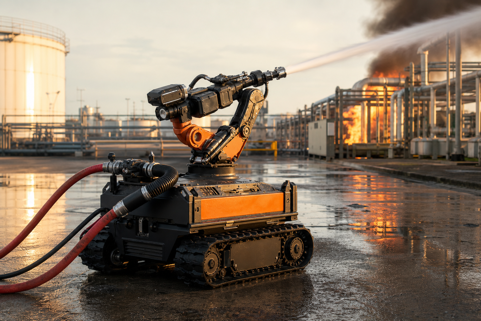 Robotic fire monitor arm at an industrial facility