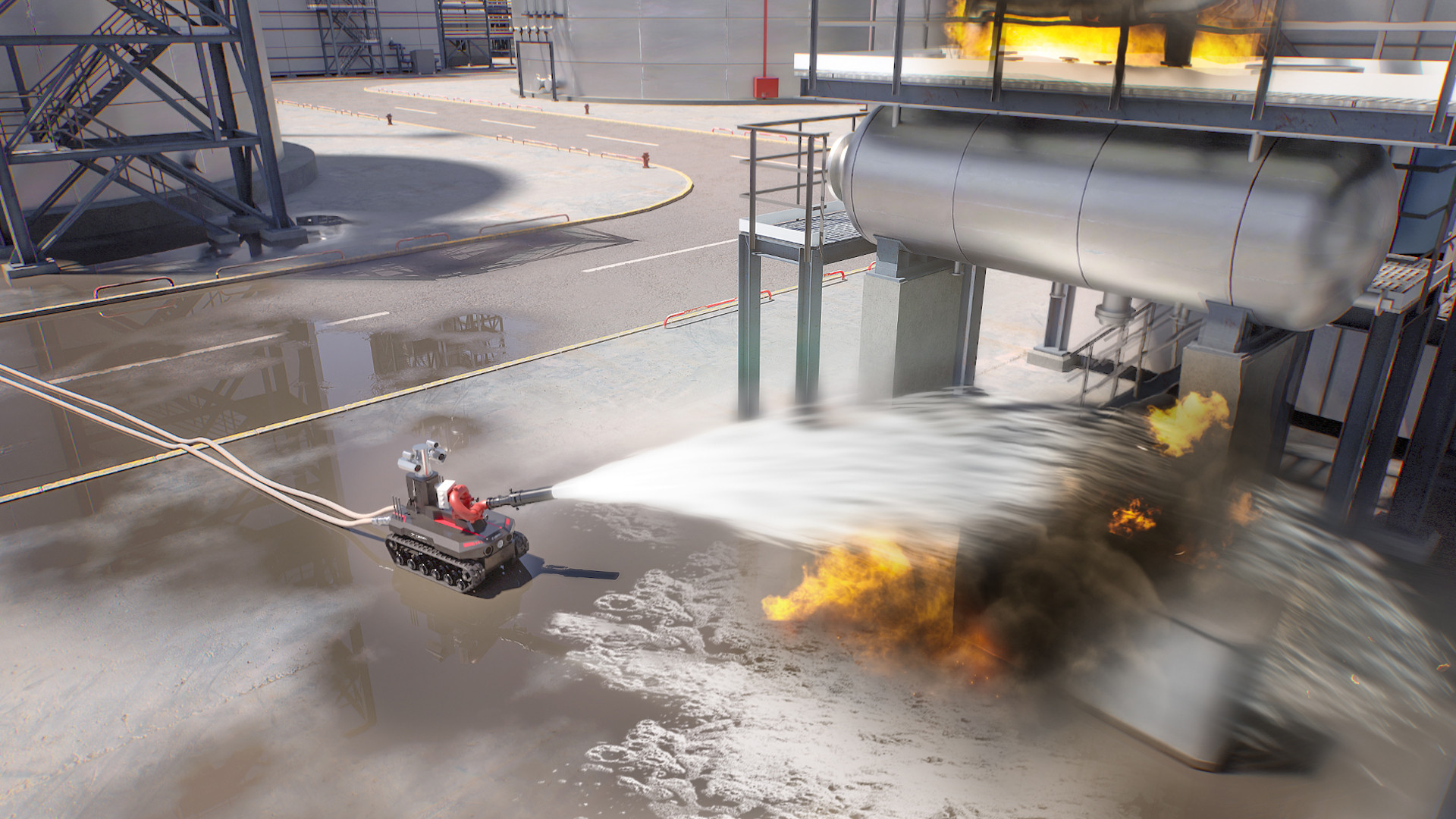 Robot delivering extinguishing agent at an industrial facility